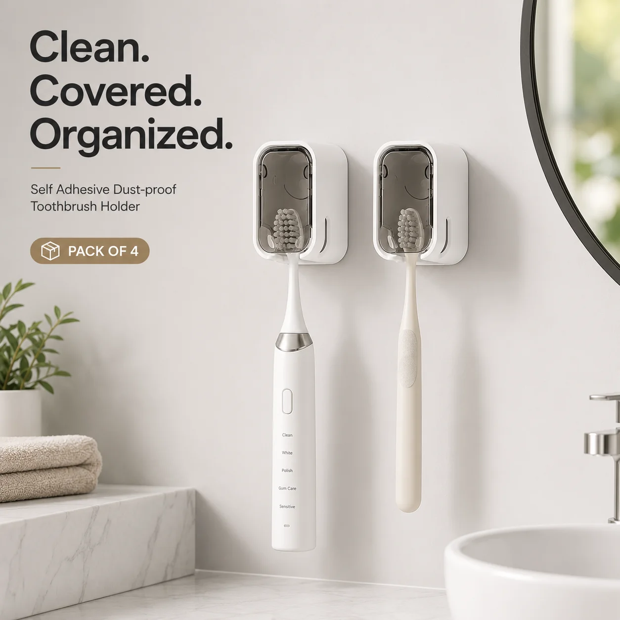 Self Adhesive Dust-proof Toothbrush Holder (4Pcs)