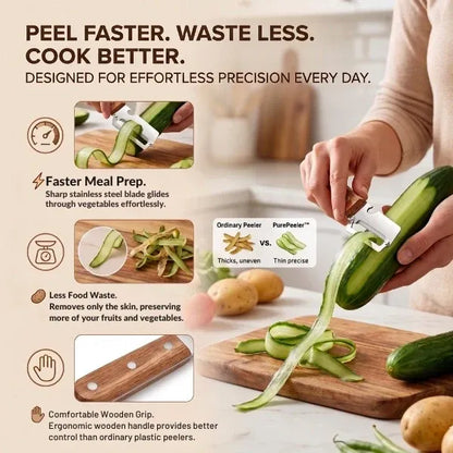 PurePeeler™ – 2in1 Vegetable Peeler + Bottle Opener | Clean Peeling | Stainless Steel Blade | Wooden Handle