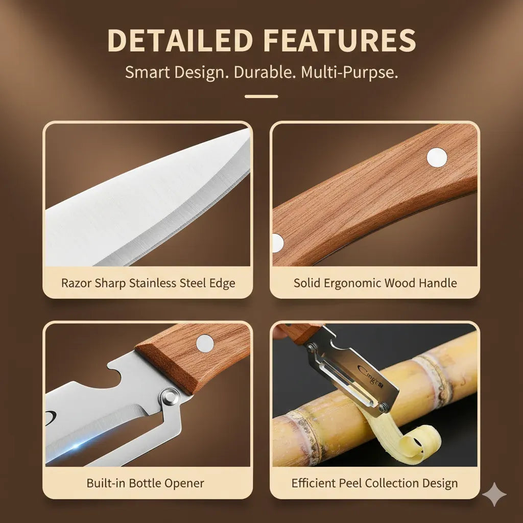 PurePeeler™ – 2in1 Vegetable Peeler + Bottle Opener | Clean Peeling | Stainless Steel Blade | Wooden Handle