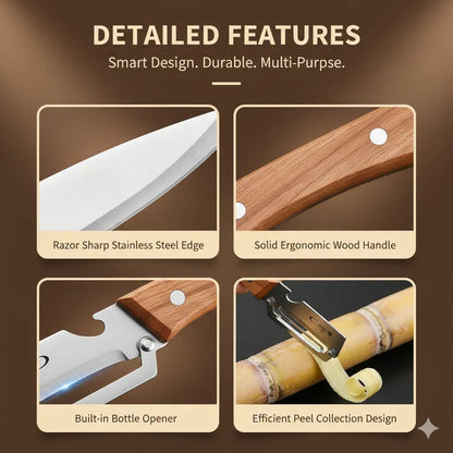 PurePeeler™ – 2in1 Vegetable Peeler + Bottle Opener | Clean Peeling | Stainless Steel Blade | Wooden Handle